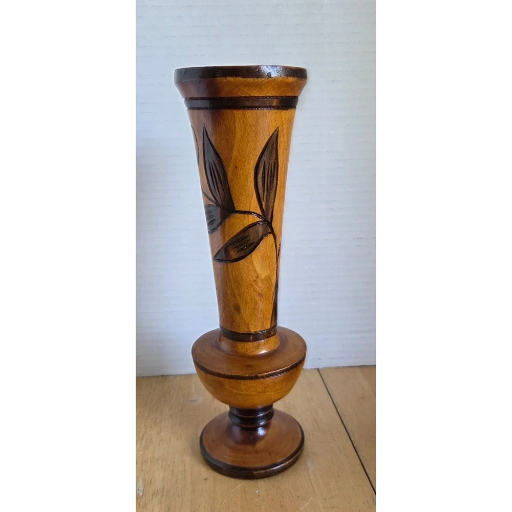 Vintage Hand Carved Turned Wooden Vase Floral and Leaf Etched Design 10 inches